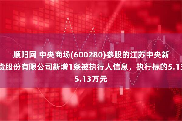顺阳网 中央商场(600280)参股的江苏中央新亚百货股份有限公司新增1条被执行人信息，执行标的5.13万元